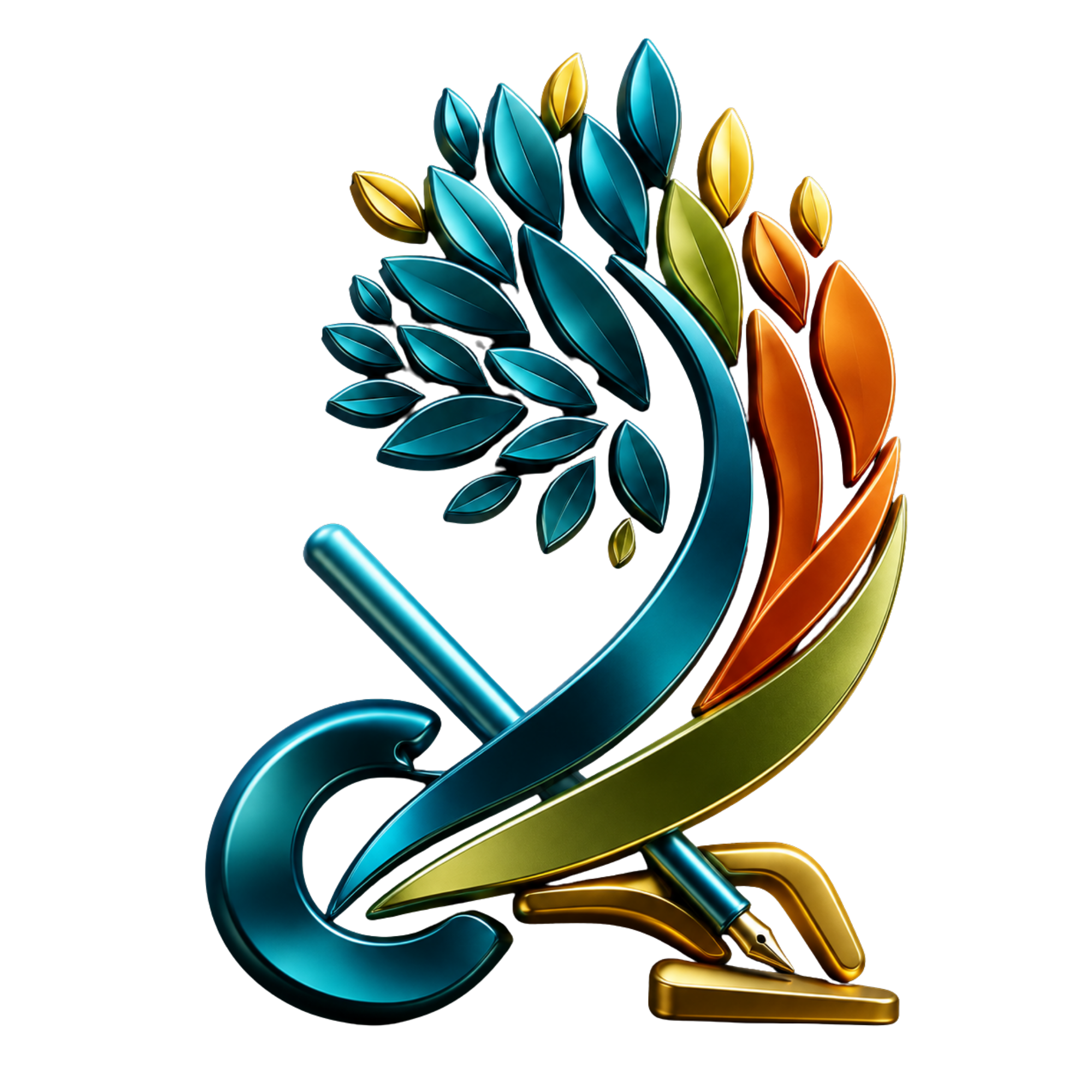 SCBFF emblem: a tree of teal, gold and orange leaves growing from a plow and pen