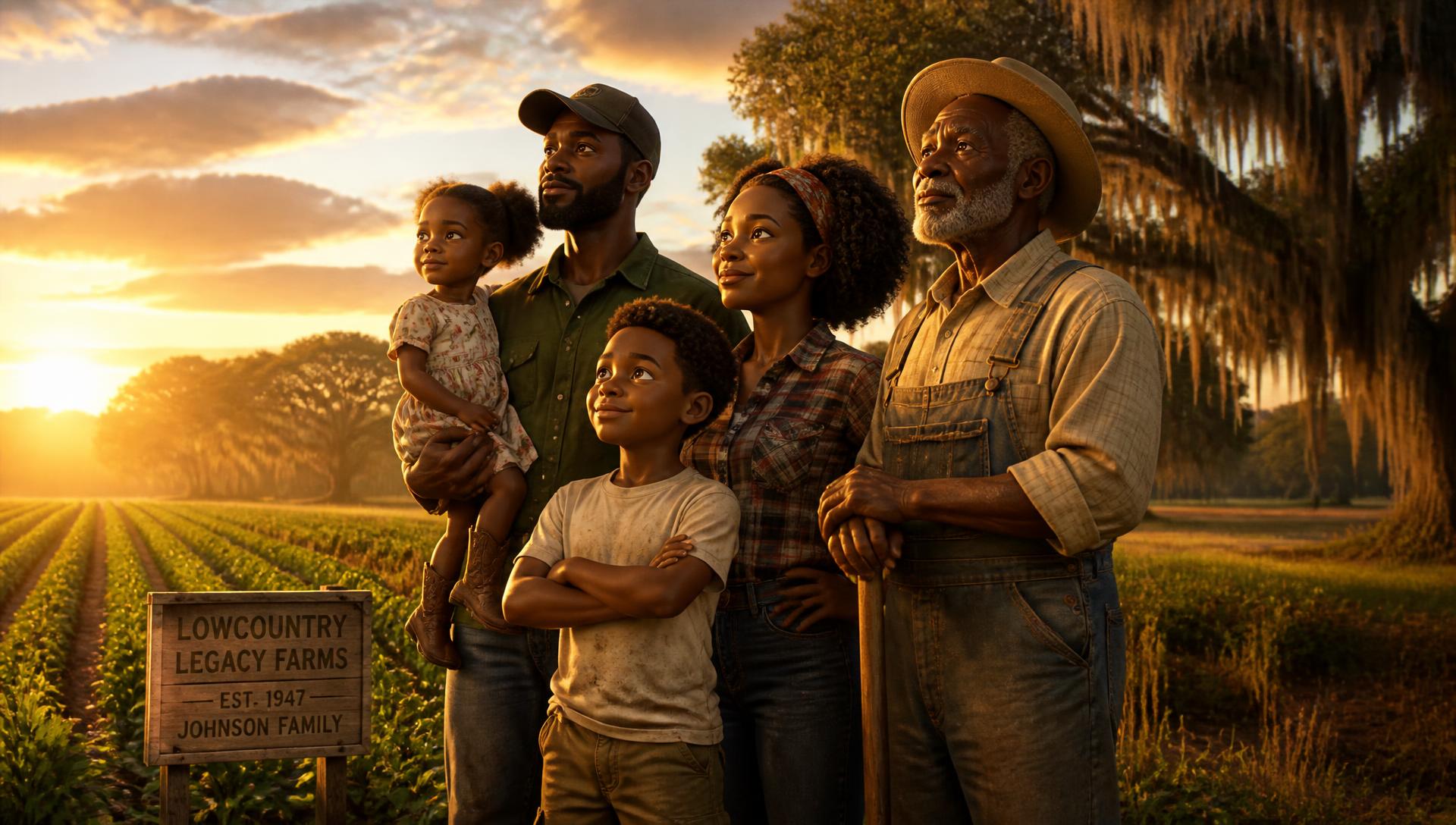 A multigenerational Black farming family standing at the edge of their South Carolina farmland at sunrise